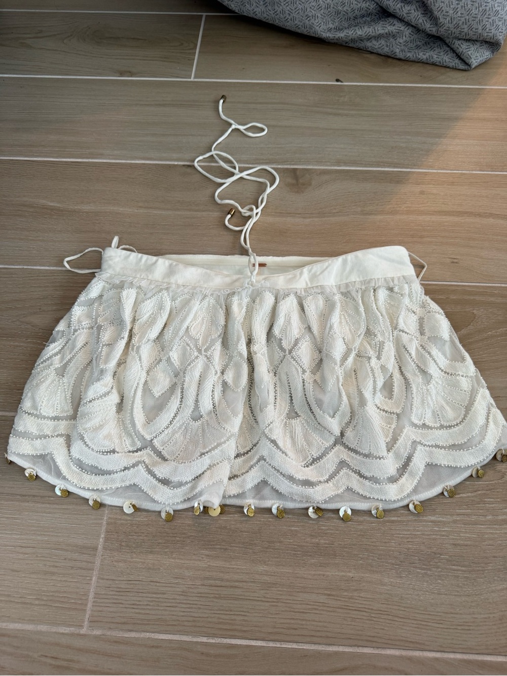 Free People Cream Embroidered Mini Skort with Sequin Fringe